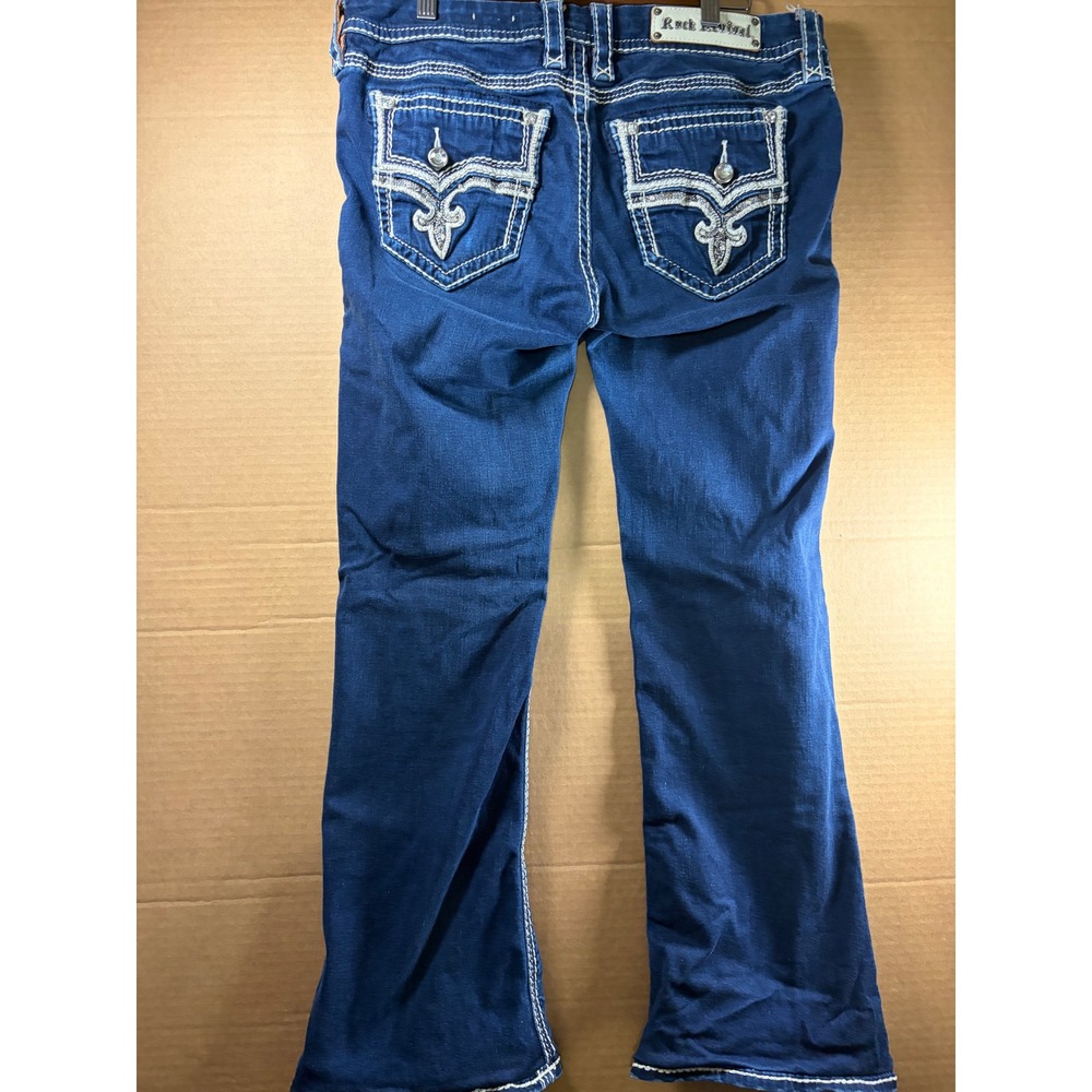 Rock Revival Janelle Bootcut Jeans Women‎ Size 32 Blue Thick Stitch Embellished